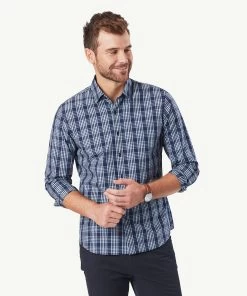 Tailored Casual Stretch Check Long Sleeve Shirt - Navy