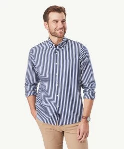 Casual Stretch Stripe Long Sleeve Shirt - Navy