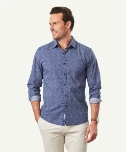 Tailored Casual Leaf Print Long Sleeve Shirt - Navy