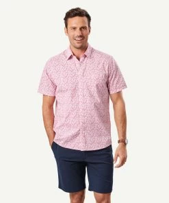 Casual Leaf Print Short Sleeve Shirt - Washed Red