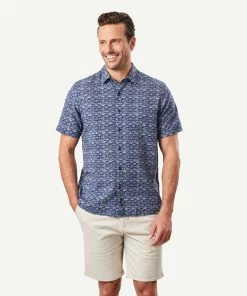 Linen Blend Fish Print Short Sleeve Shirt - Navy