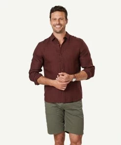 Tailored Pure French Linen Long Sleeve Shirt - Dark Red