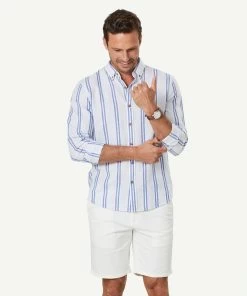 Tailored Linen Blend Stripe Long Sleeve Shirt - Pale Blue