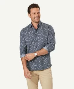 Casual Floral Dot Print Long Sleeve Shirt - Navy