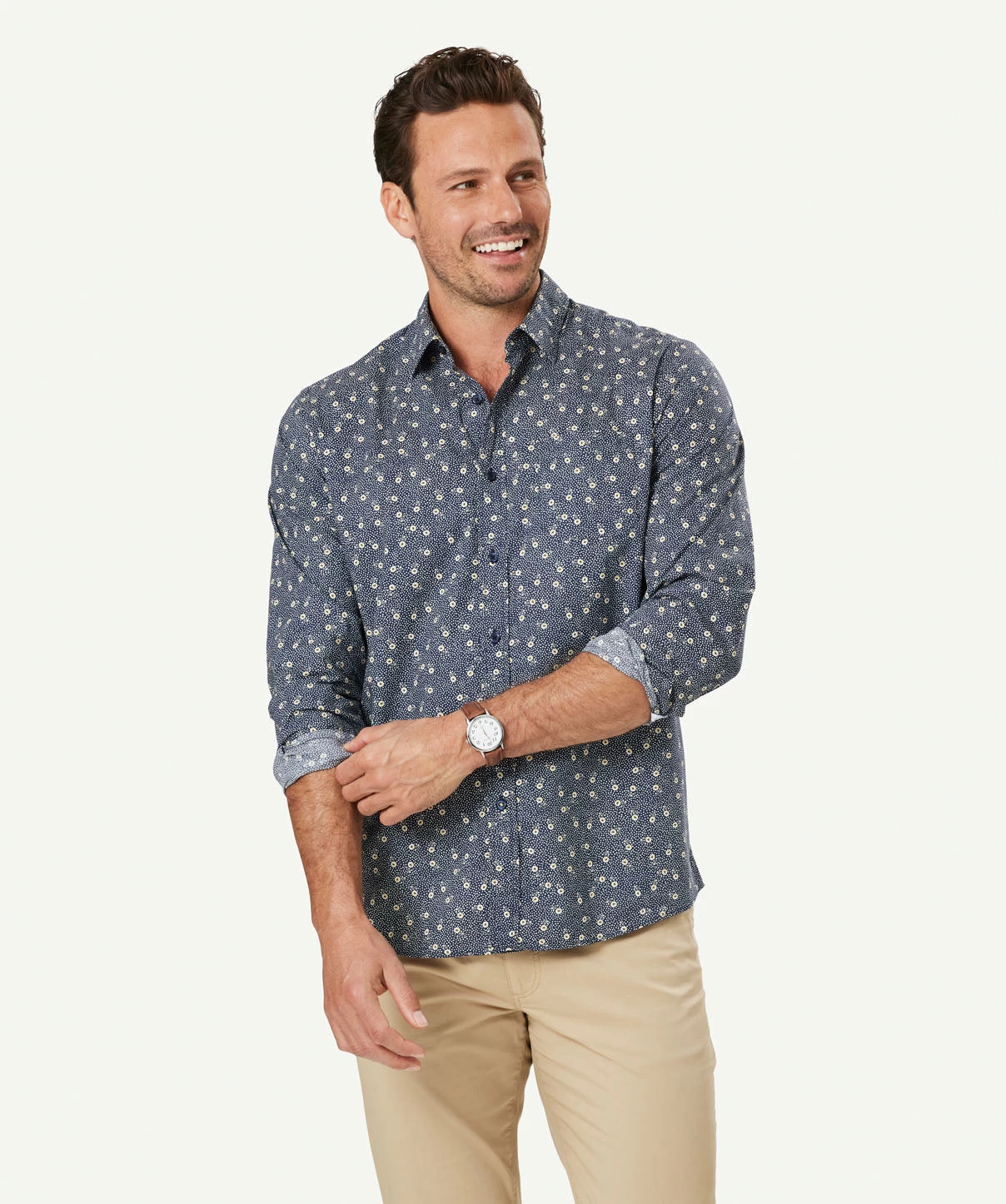 Casual Floral Dot Print Long Sleeve Shirt - Navy