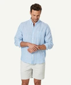 French Linen Stripe Long Sleeve Shirt - Blue