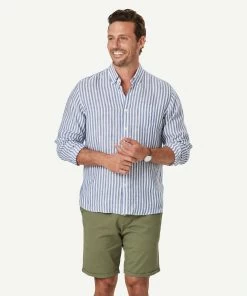 French Linen Stripe Long Sleeve Shirt - Navy