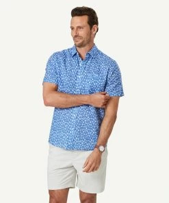 Linen Blend Cocktail Print Short Sleeve Shirt - French Navy