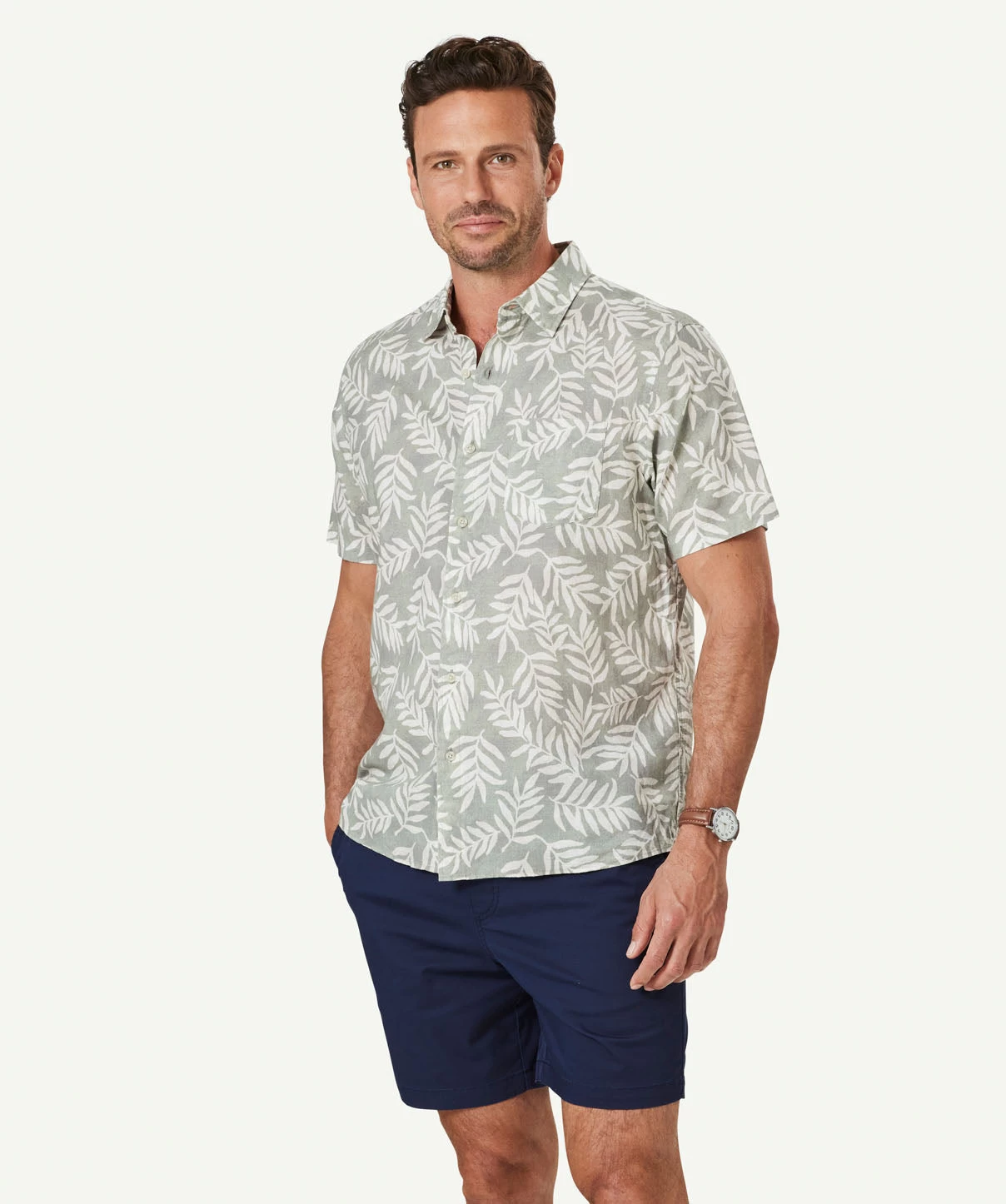 Linen Blend Leaf Print Short Sleeve Shirt - Sage
