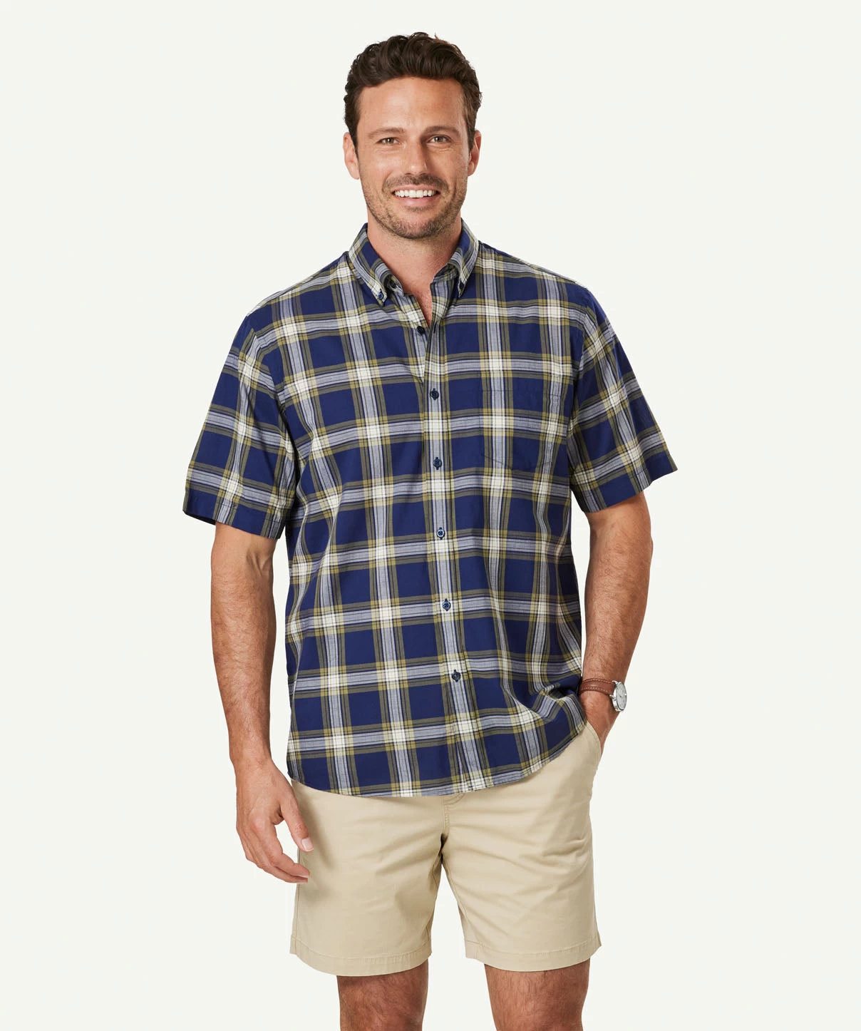 Casual Cotton Check Short Sleeve Shirt - Navy