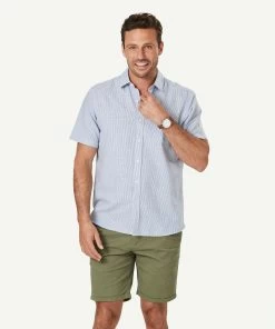 Linen Blend Fine Stripe Short Sleeve Shirt - Navy