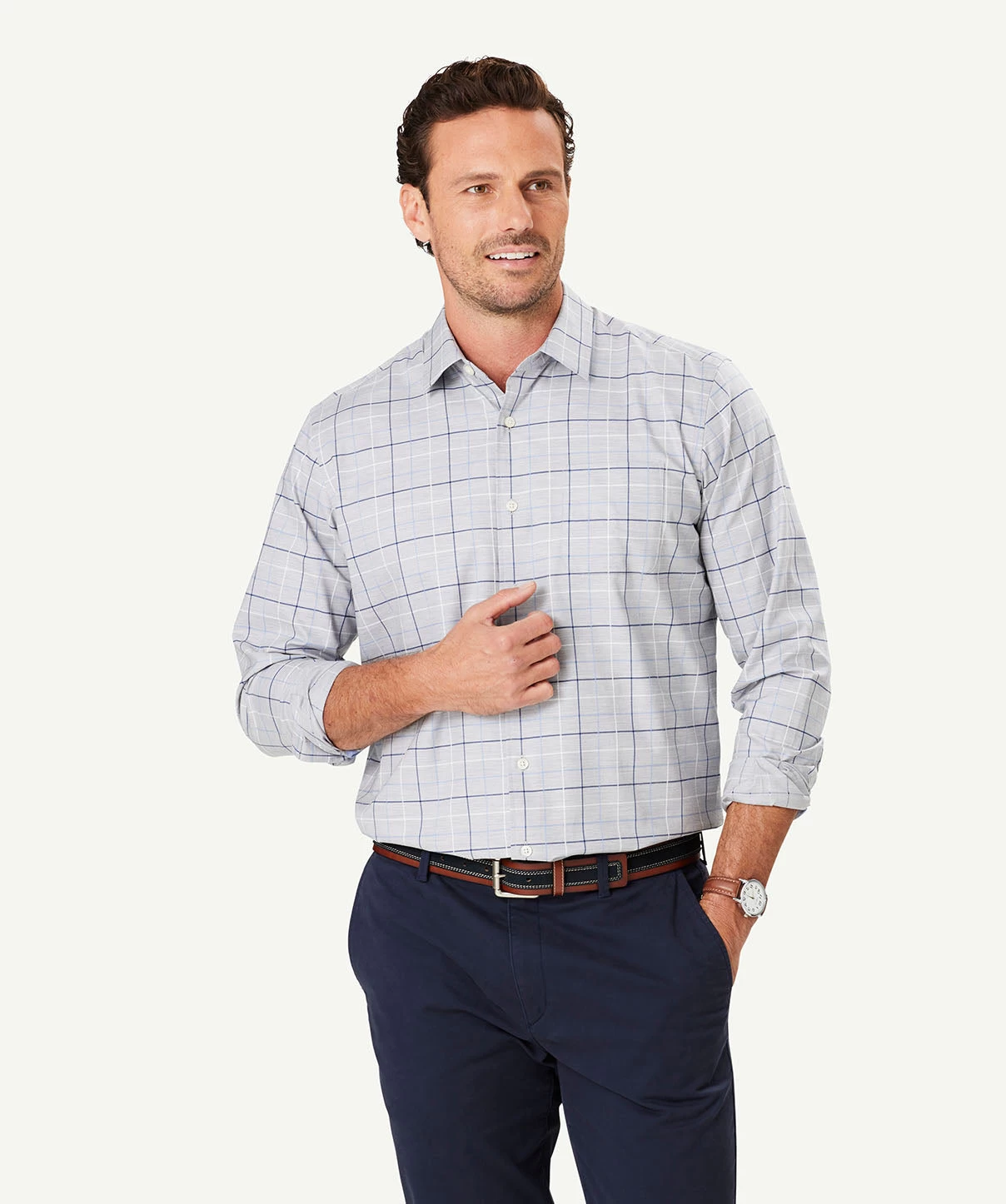 Easy Care Twill Check Long Sleeve Shirt - Grey Melange