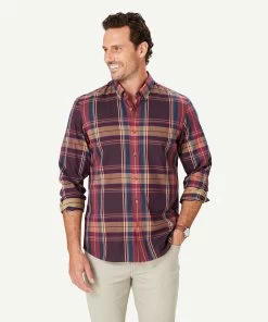 Casual Twill Multi Check Long Sleeve Shirt - Burgundy