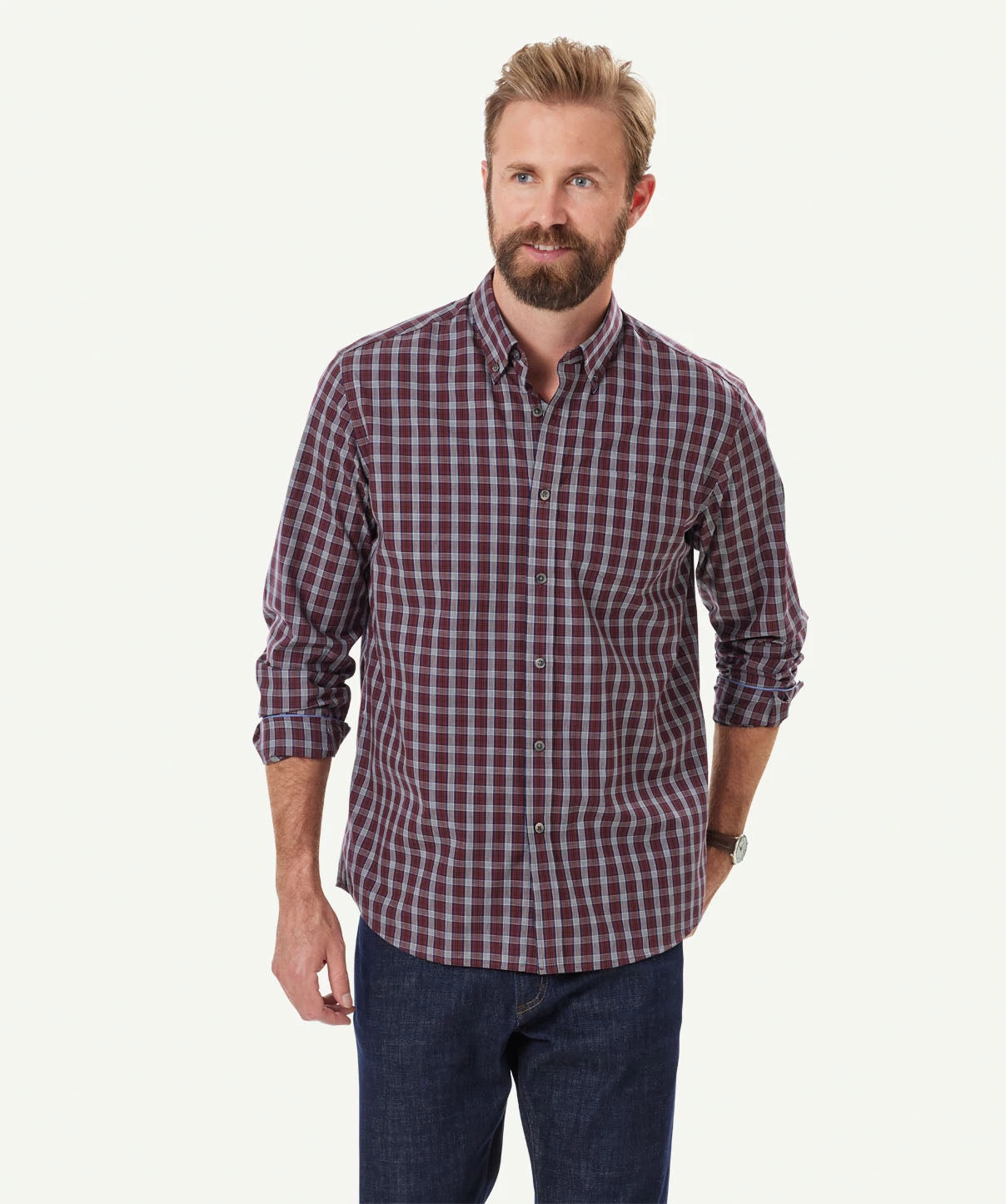 Easy Care Melange Check Long Sleeve Shirt - Burgundy