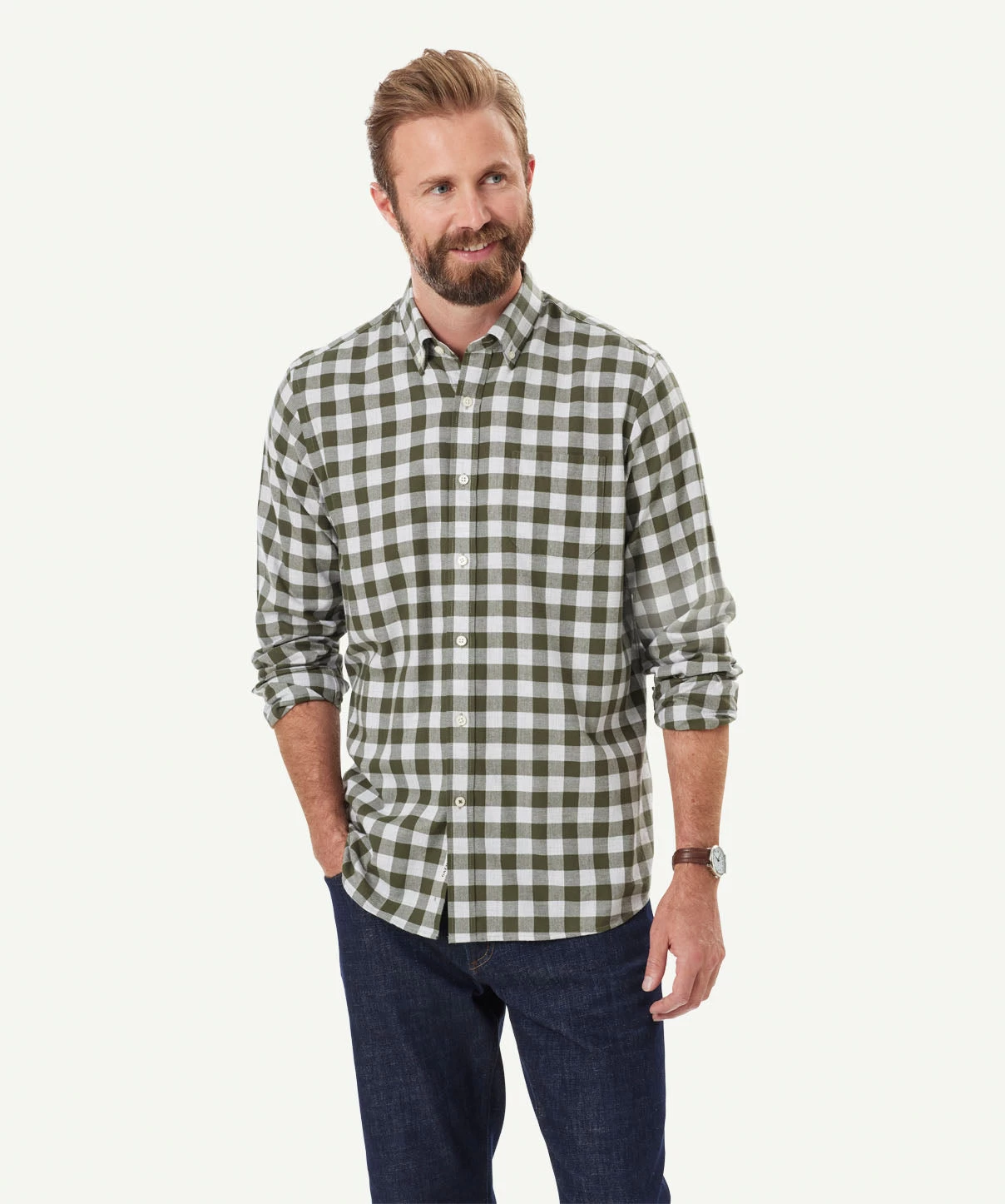 Brushed Twill Melange Check Long Sleeve Shirt - Olive
