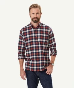 Brushed Twill Box Check Long Sleeve Shirt - Brick