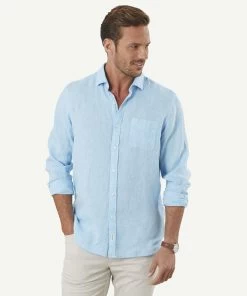 Pure Linen Plain Long Sleeve Shirt - Turquoise