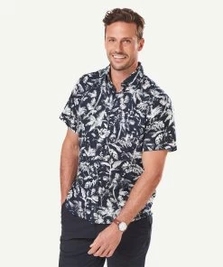 Linen Blend Palm Printed Short Sleeve Shirt - Navy