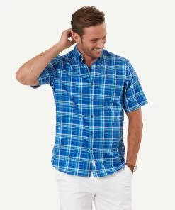 Easy Care Oxford Check Short Sleeve Shirt - Cobalt