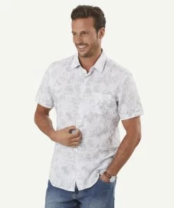 Tailored Fit Linen Blend Print Short Sleeve Shirt - Dove