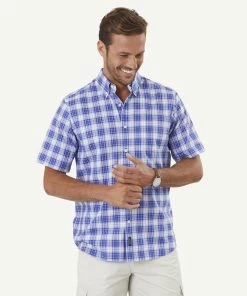 Easy Care Oxford Check Short Sleeve Shirt - Cobalt