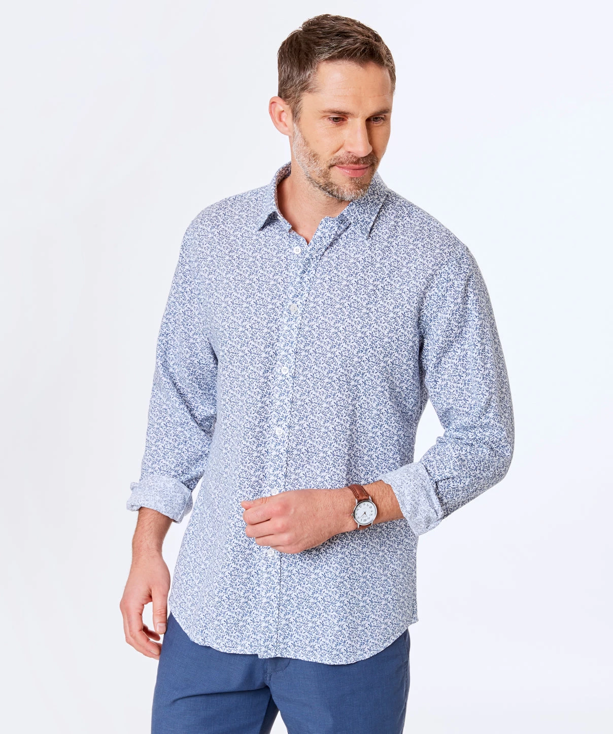 Tailored Fit Linen Blend Print Shirt - Navy