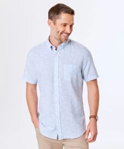 Tailored Fit Linen Blend Short Sleeve Shirt - Sky Blue
