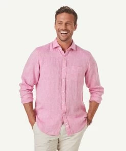 Pure Linen Plain Long Sleeve Shirt - Berry
