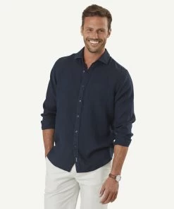 Pure Linen Plain Long Sleeve Shirt - Dark Navy