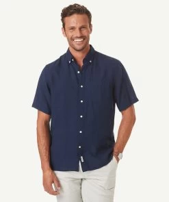 Linen Plain Short Sleeve Shirt - Navy