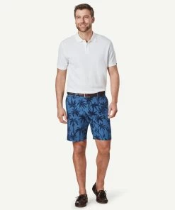 Linen Blend Palm Print Shorts - Denim