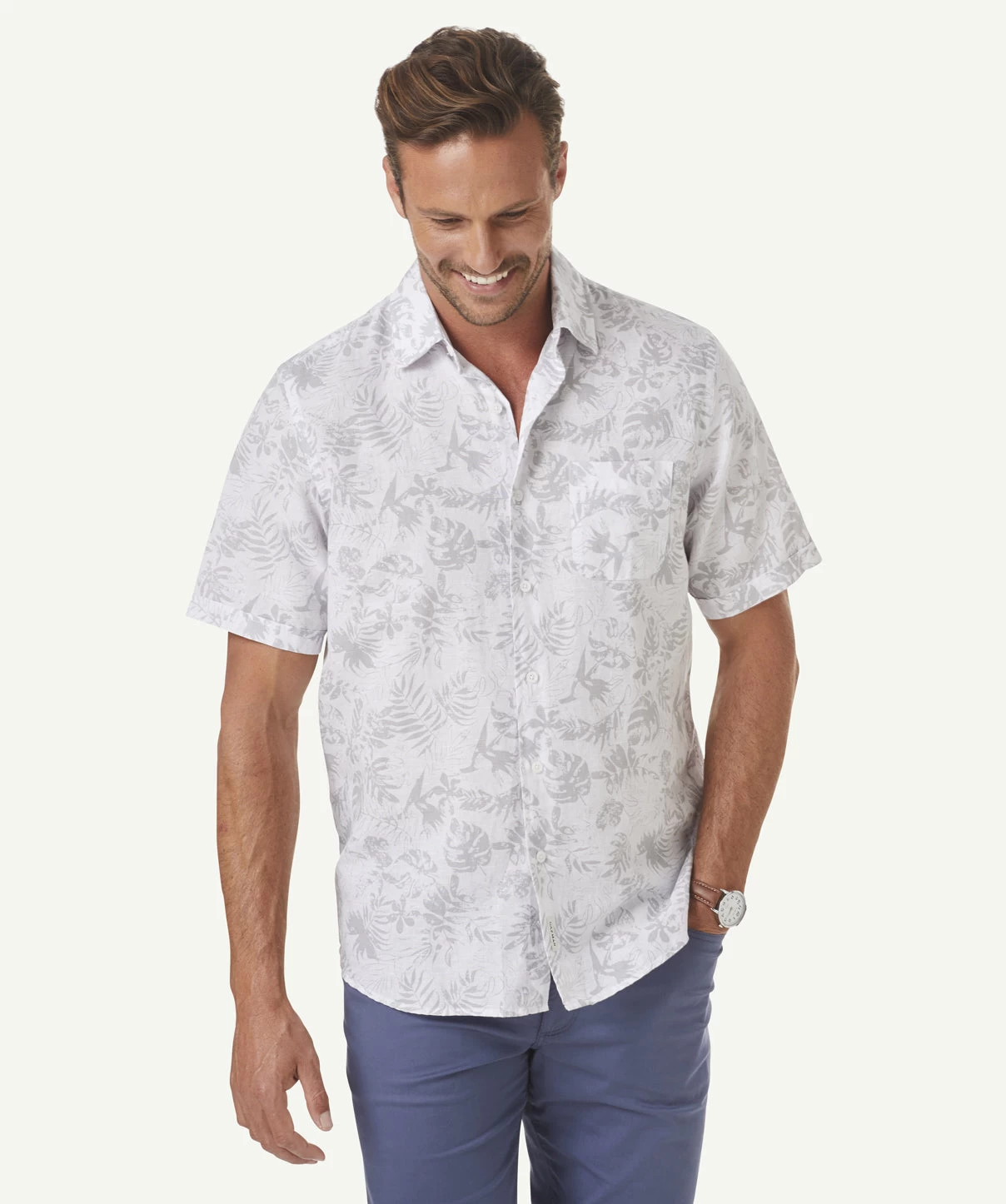 Linen Blend Floral Short Sleeve Shirt - Dove - Image 5