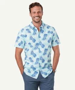 Tailored Fit Linen Blend Pineapple Short Sleeve Shirt - Turquoise