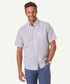 Linen Blend Dash Print Short Sleeve Shirt - Navy