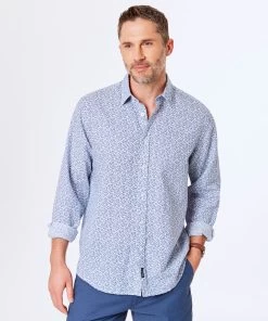 Linen Blend Leaf Print Shirt - Navy
