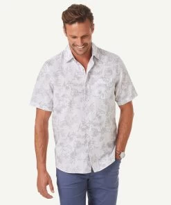 Linen Blend Floral Short Sleeve Shirt - Dove