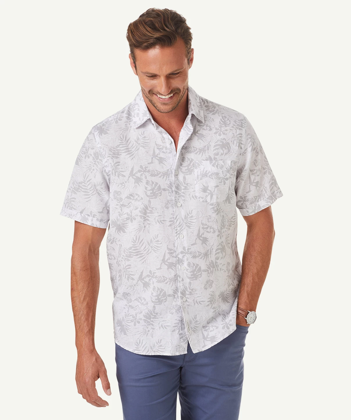 Linen Blend Floral Short Sleeve Shirt - Dove
