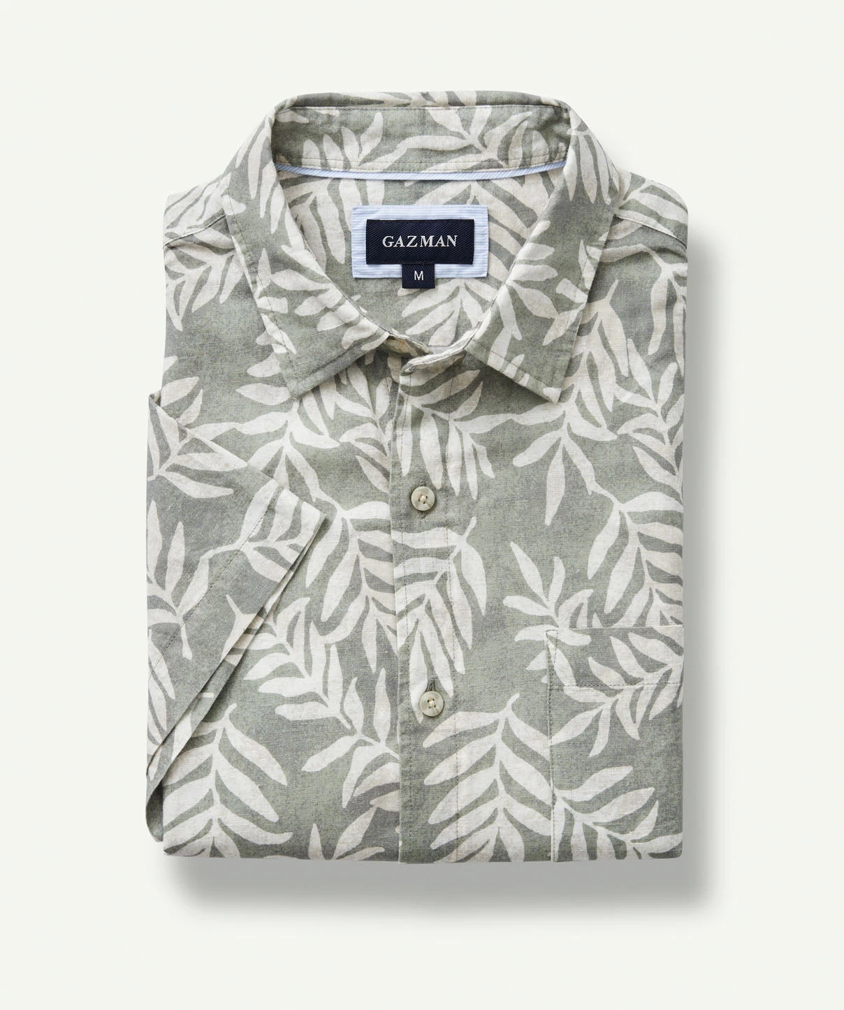 Linen Blend Leaf Print Short Sleeve Shirt - Sage - Image 2