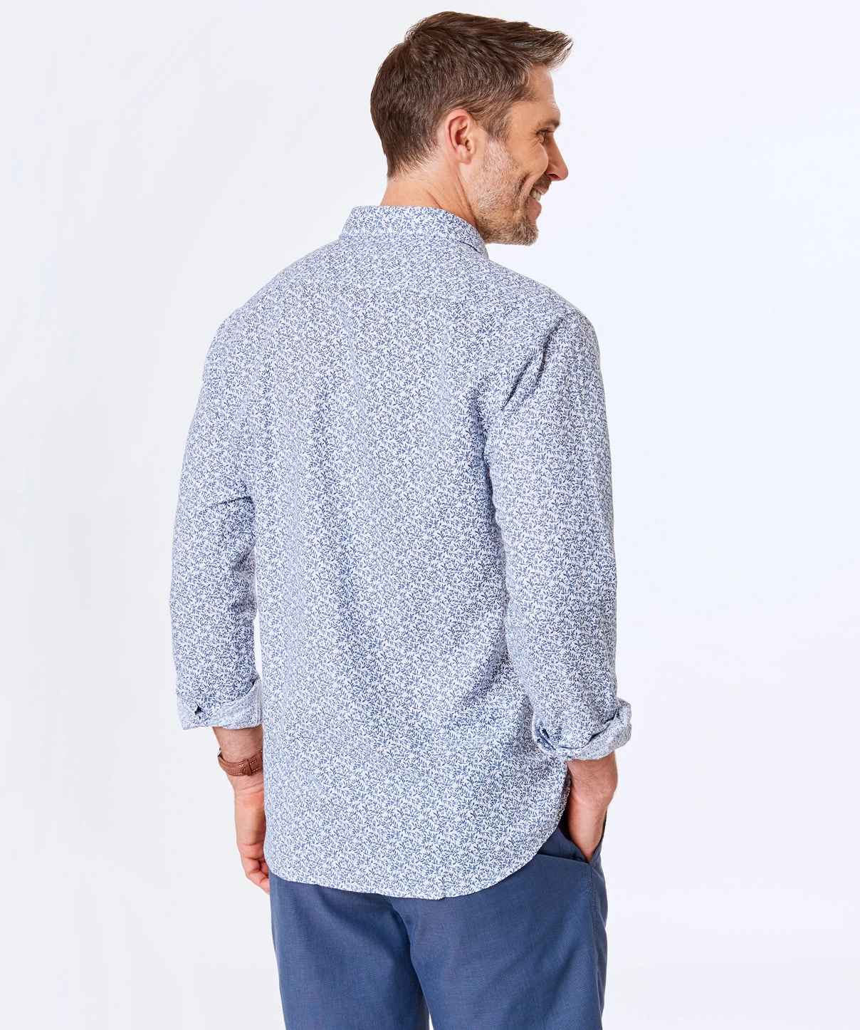 Tailored Fit Linen Blend Print Shirt - Navy - Image 3