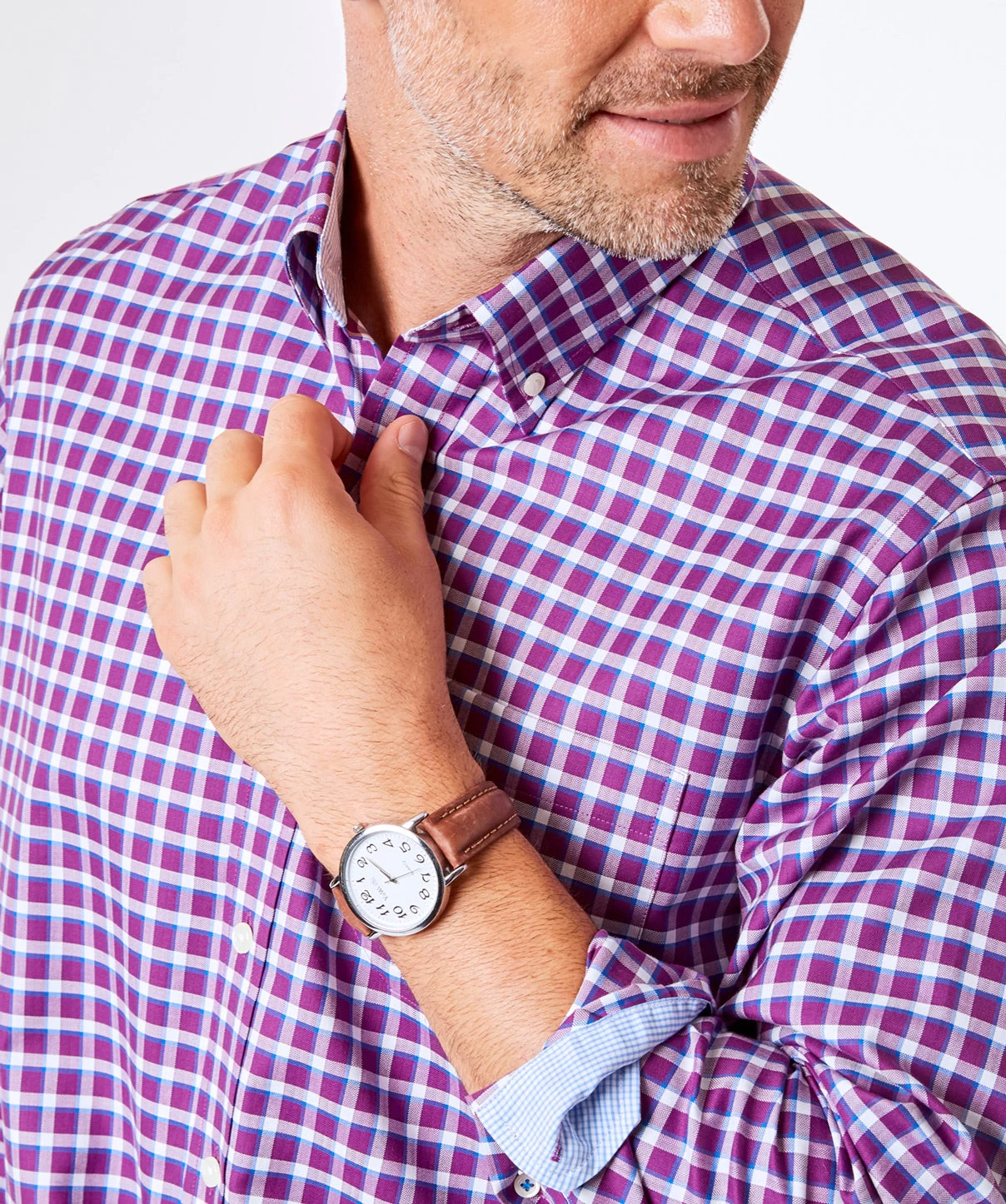 Easy Care Herringbone Check Shirt - Grape - Image 3