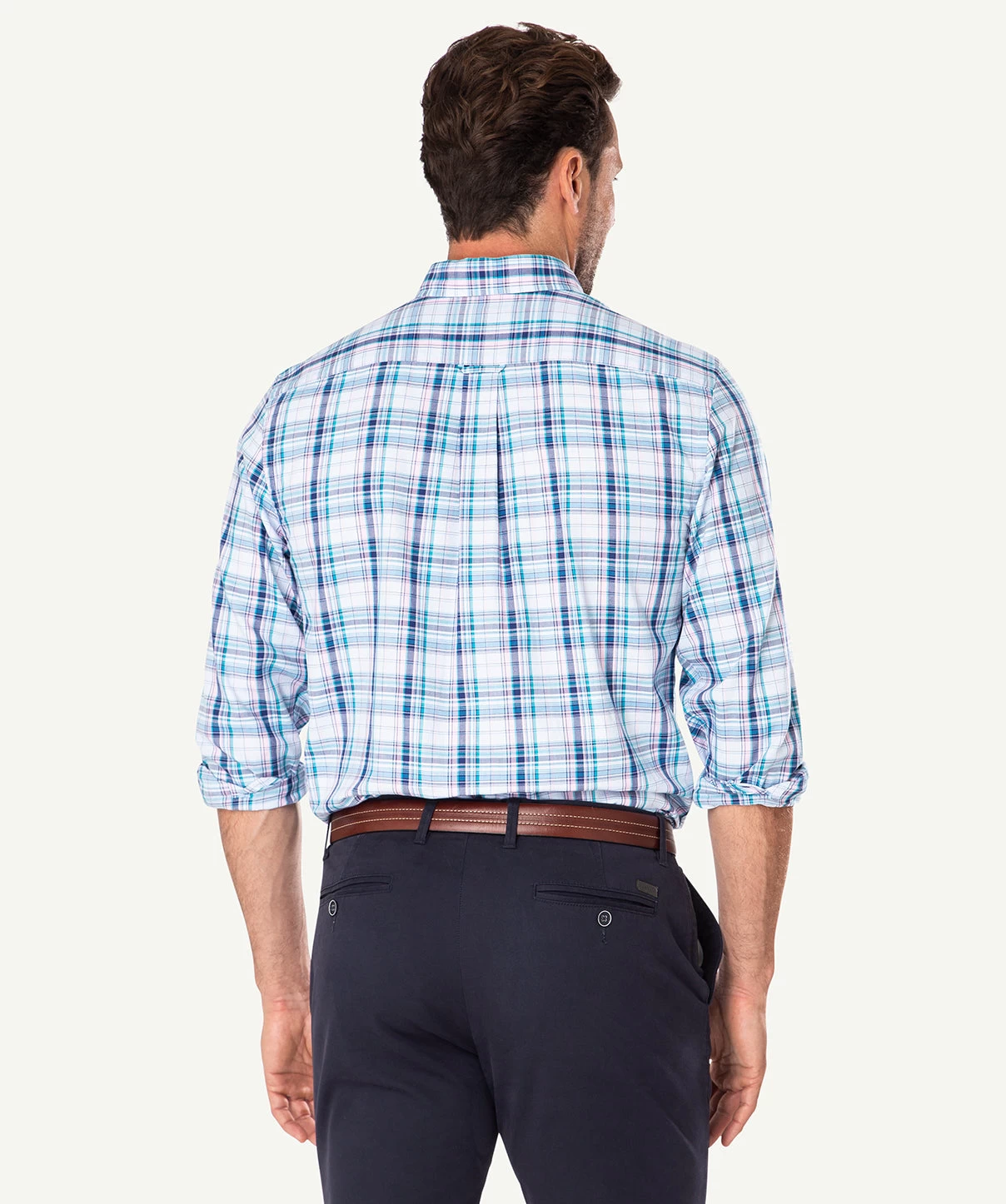 Casual Oxford Multi Check Long Sleeve Shirt - Navy/Pink - Image 3