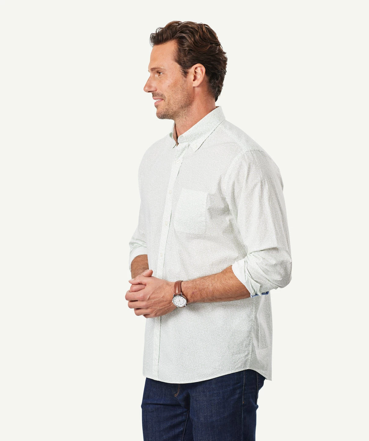 Casual Leaf Print Long Sleeve Shirt - Sage - Image 4