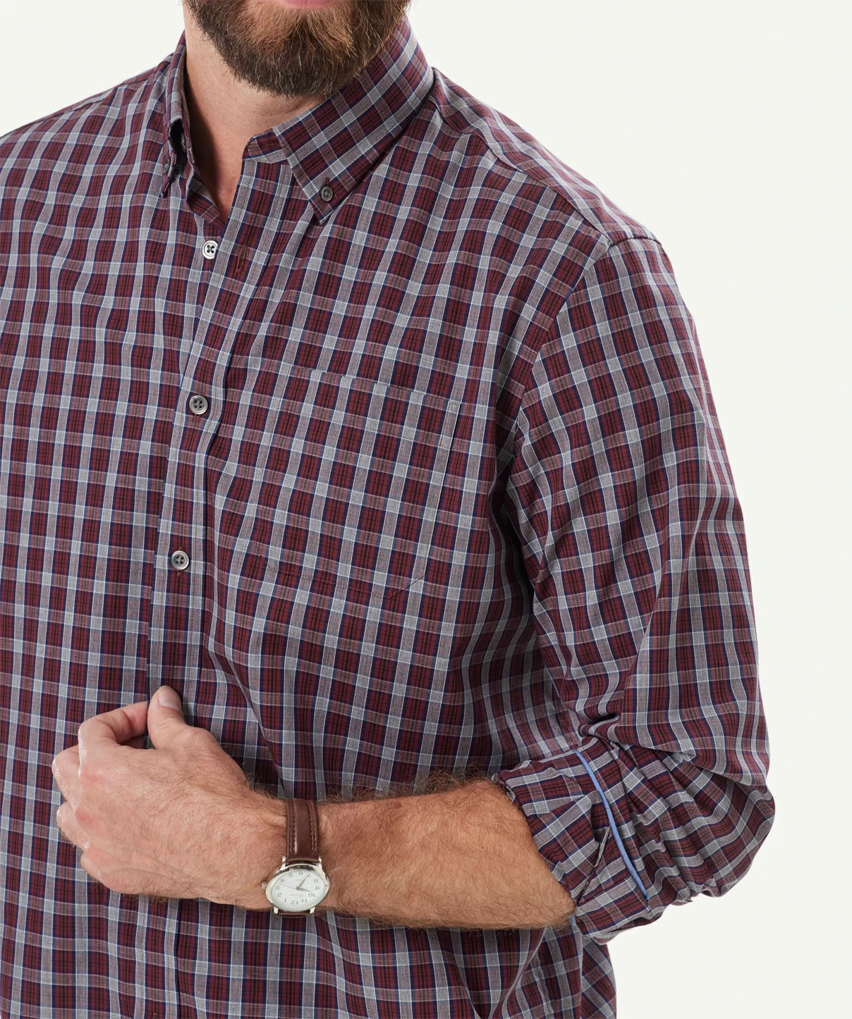 Easy Care Melange Check Long Sleeve Shirt - Burgundy - Image 4