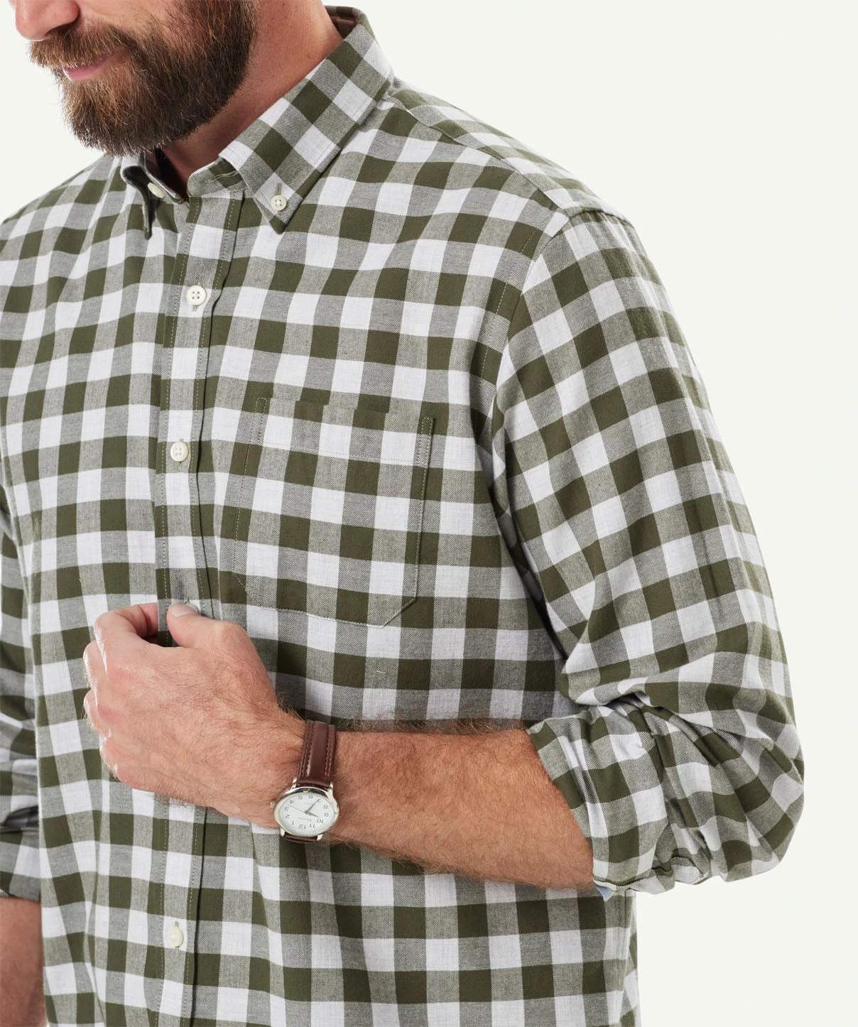 Brushed Twill Melange Check Long Sleeve Shirt - Olive - Image 4