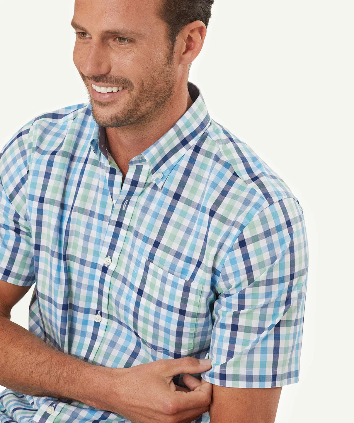 Easy Care Multi Check Short Sleeve Shirt - Aqua - Image 4