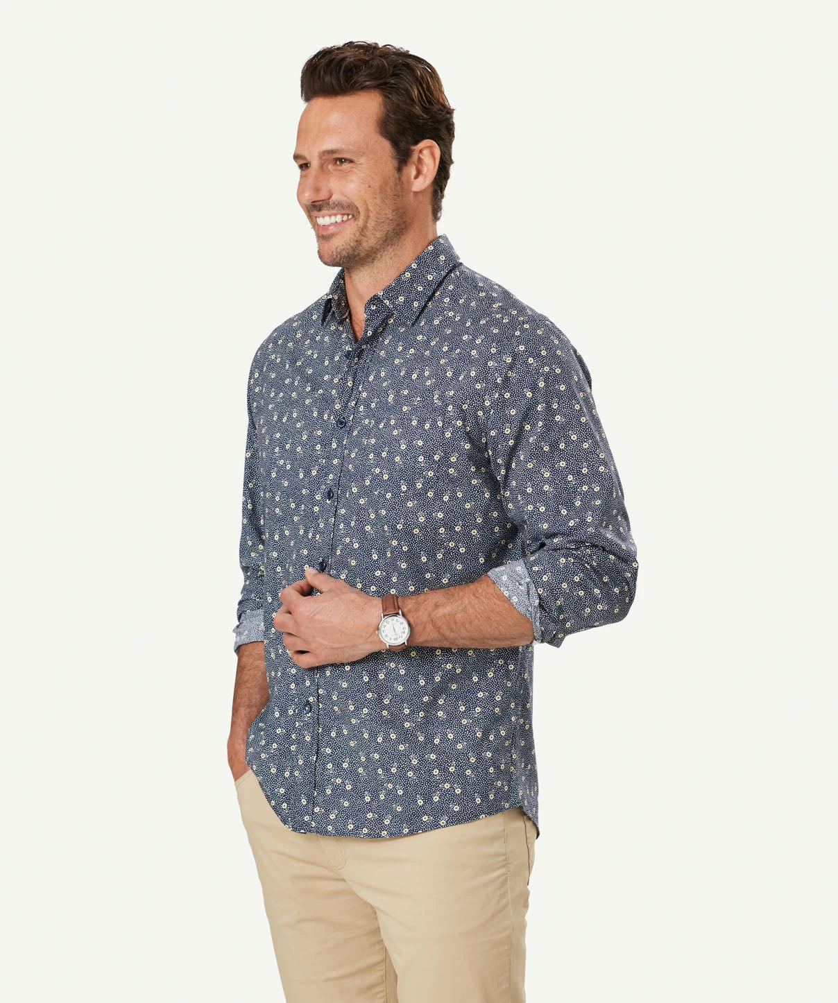 Casual Floral Dot Print Long Sleeve Shirt - Navy - Image 5