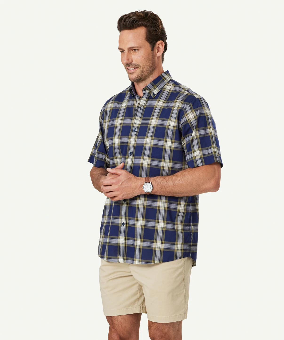 Casual Cotton Check Short Sleeve Shirt - Navy - Image 5