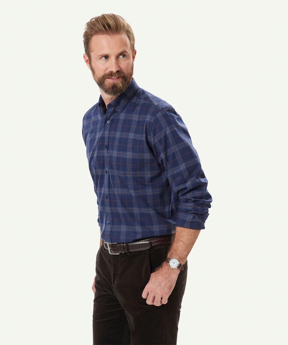 Easy Care Twill Melange Check Long Sleeve Shirt - Navy Melange - Image 5
