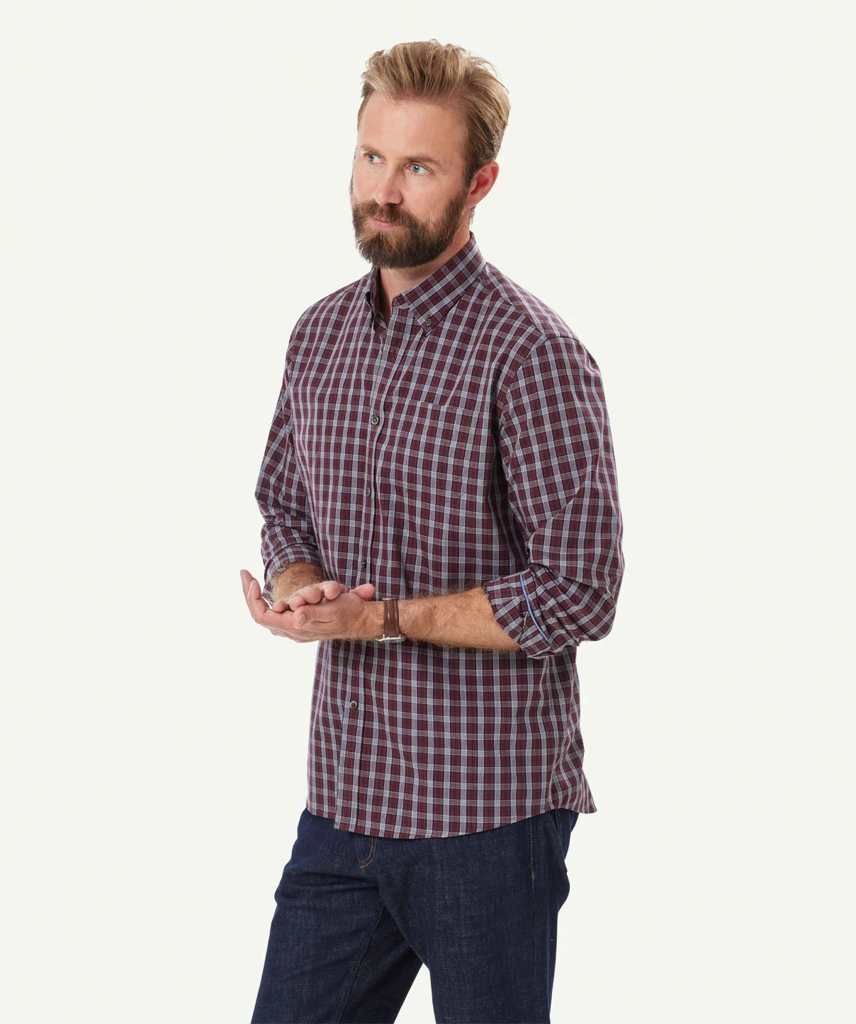Easy Care Melange Check Long Sleeve Shirt - Burgundy - Image 5