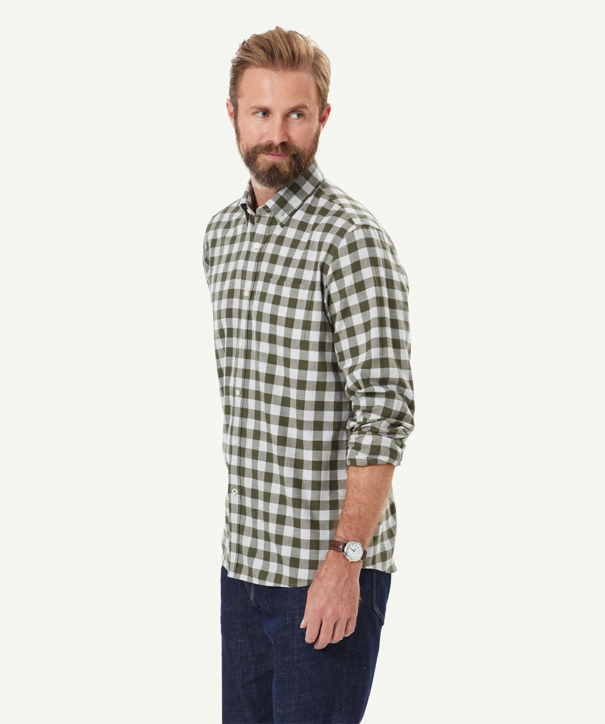 Brushed Twill Melange Check Long Sleeve Shirt - Olive - Image 5